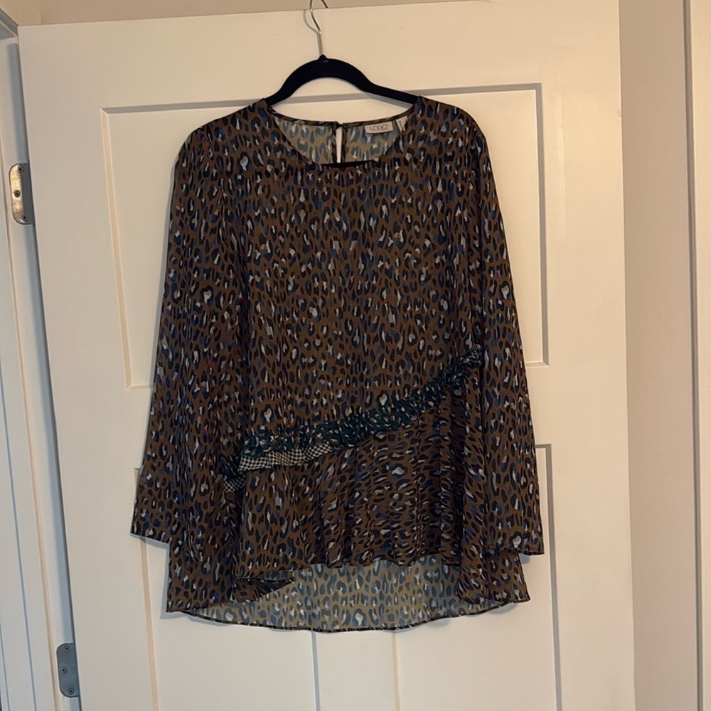 Logo Lori Goldstein Tunic Cheetah Leopard Print Ruffle Top Green Size s Boho